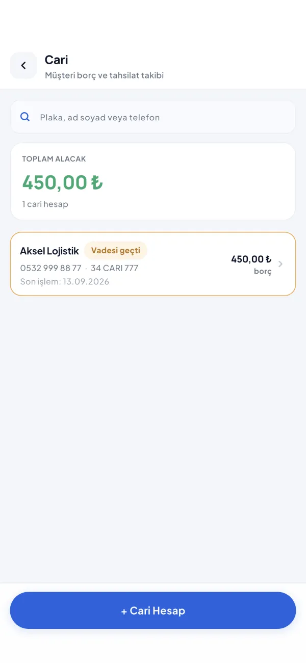 Cari ekranı: toplam alacak ve cari hesaplar