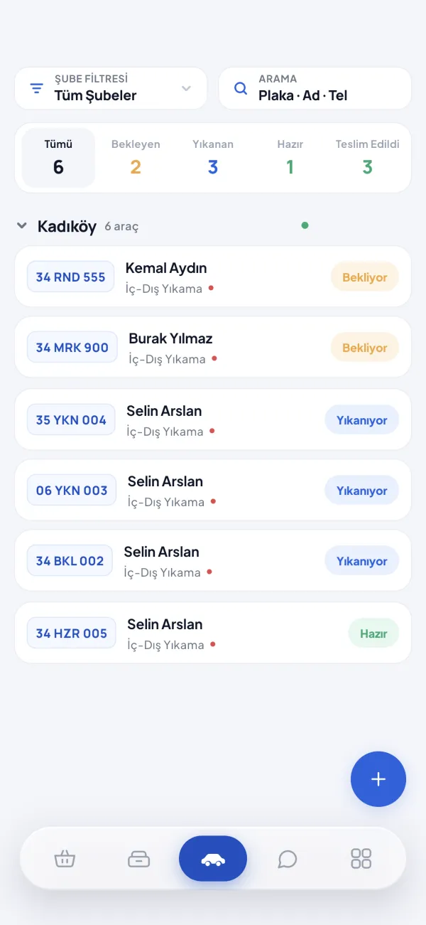 Garajix Sıra ekranı: şubedeki araçlar bekliyor, yıkanıyor ve hazır durumlarıyla listelenir